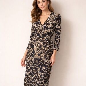 Banana Republic Women's Wrap Dress Navy Floral Tie V Neck Stretch Midi Small